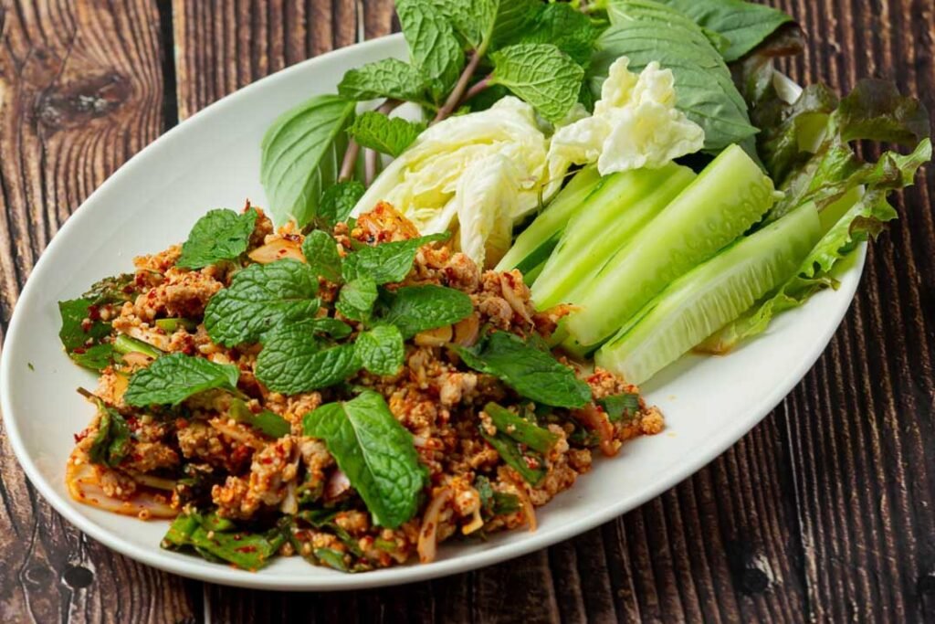 Larb Mu Kua – Northern Spicy Minced Pork with Roasted Rice, Toketong Chiang Rai