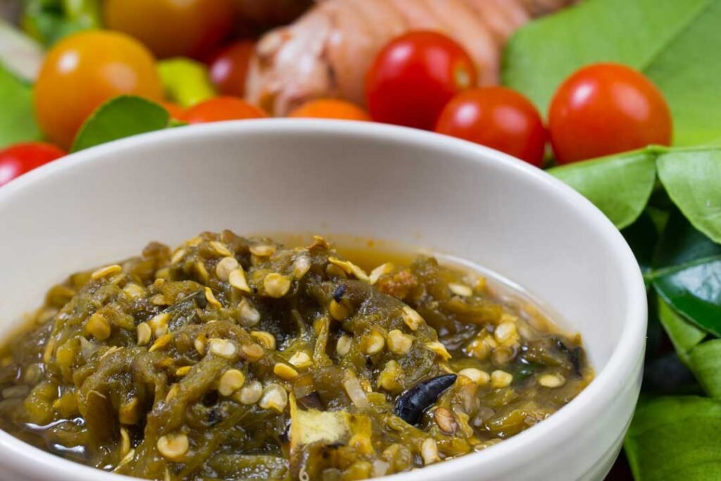 Nam Prik Noom – Green Chili Dip served with Pork Crackling and Vegetables, Toketong Chiang Rai